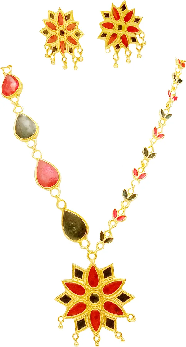 Assamese_Traditional_Gold_Plated_Red_Black_Colour_Chain_Jewellery_Set_For_Women